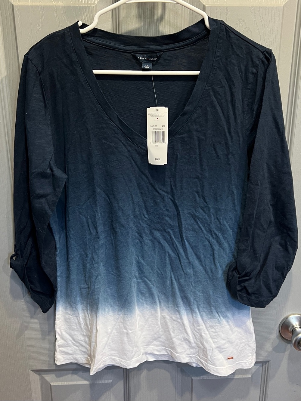 Tommy Hilfiger Navy to White Ombre V-Neck Long Sleeve Top